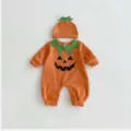 Baby Halloween pumpkin romper set with matching hat, long sleeve cute infant jumpsuit. - 66cm / Orange