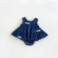 Grazioso vestito romper in denim per bambina neonata estate senza maniche con volant - 66cm / Blu