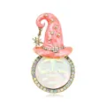 Broche vintage chapeau de sorcier rose lune souriante avec strass et émail brillant. - Rose