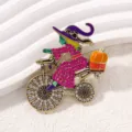 Vintage Halloween Witch Bicycle Brooch Pin with Rhinestone Pumpkin Alloy Fashion Jewelry - RW0205 Red