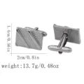 Detailed view of men's business square textured metal cufflinks with dimension and weight specs. - Silver