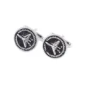 Boutons de manchette métalliques argentés pour hommes avec motif d'avion de chasse et engrenage. - Style Forme Chasseur Engrenage (P1170-2)