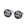 Men Silver Black Race Car Cufflinks Metal Cuff Links Business Shirt Accessory Variant - Checkered Flag Racing Relief Style (P1170-6)