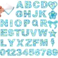 Blue floral embroidered alphabet letter number and shape patches, self-adhesive backing design. - Blue Floral Self-Adhesive 26 Letters + Numbers + 5 Patterns