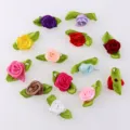 Ribbon rose small flowers with green leaves in multi colors for DIY apparel decoration variants. - Mixed Colors 100pcs