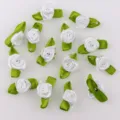 50pcs White Satin Ribbon Flowers with Green Leaves Small Fabric Roses for Craft DIY - White 50pcs