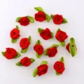 Handmade Ribbon Rose Flowers with Green Leaves Small Satin Fabric DIY Garment Applique 50 Pcs - Big Red 50pcs