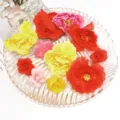 Close-up detail of artificial satin rose and peony flower heads in assorted colors on glass plate. - Simulated Fabric Flower (4-8cm) / 10 Pieces Pack / Multicolor