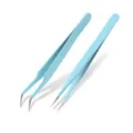 Macaron blue precision tweezers set, stainless steel curved and straight tips for DIY crafts. - Straight and Curved Set / Blue