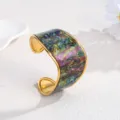 Stainless steel 18k gold geometric open cuff bracelet with colorful resin marbled detail. - Colorful