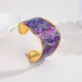 Stainless steel 18k gold plated purple patterned geometric open cuff bracelet detail view. - Purple
