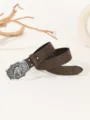Detailed view of brown men's belt featuring a vintage silver bull head buckle and embossed strap. - Khaki / 95cm