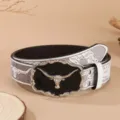 Retro Western style carved white leather belt with unique longhorn alloy buckle detail. - 100cm / Milky White