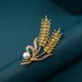 Elegant wheat brooch with yellow cubic zirconia and pearl, perfect for chic suit accessories. - Wheat Ear Style 9 (C2015-9)