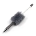 Grey plush DIY beadable ballpoint pen with metal rod and fluffy pompom for creative writing. - Bentley Grey