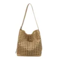 Sac seau tissé beige pour femme, sac à épaule ajouré élégant avec bandoulière chic. - Jaune
