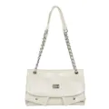 Women stylish quilted chain shoulder bag, elegant white patent leather underarm messenger bag. - Off White