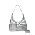 Silver metallic shoulder bag with clear front pocket, trendy crossbody purse and ita bag style. - Silver