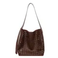Sac seau tressé en cuir marron, sac à bandoulière évidé tendance pour le travail quotidien. - Café