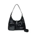 Sac bandoulière en cuir vernis noir avec poche transparente et boucle, variante stylée. - Noir