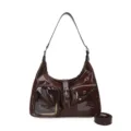 Dark brown patent leather shoulder bag with transparent card pocket, trendy hobo crossbody bag. - Coffee