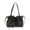 Sac cabas noir en cuir pour femme, grand sac porte epaule decontracte, sac shopping avec breloques. - Avec Pendentif / Noir