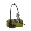 Green bowling shoulder bag for women, retro PU leather handbag with plaid scarf and cute dog pendant. - Moss Green