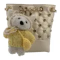 Sac seau matelassé strass mignon style coréen avec pendentif ours en peluche duveteux. - Avec Pendentif / Blanc Cassé