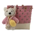 Cute pink quilted rhinestone bucket bag featuring a fluffy knit bear pendant and gold chain. - Pink