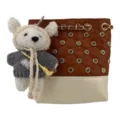 Brown quilted rhinestone bucket bag featuring a cute knit bear pendant for women. - Brown