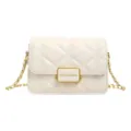 White quilted shoulder bag for women, elegant chain strap crossbody bag with metal lock. - Off White