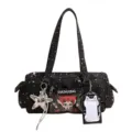 Sac cabas bandouliere style anime japonais noir imprime etoile grande capacite avec poche - Avec Pendentif / Noir