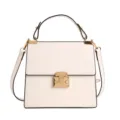 White structured top-handle crossbody bag featuring elegant gold lock and chic design. - White