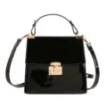 Black patent leather top handle crossbody bag, trendy stylish small square handbag for women. - Black