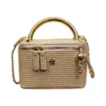 Vintage woven straw vanity bag featuring metal handle and chic chain strap for women. - Khaki