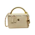 Stylish retro woven box shoulder bag with golden top handle and chain strap for women - Beige