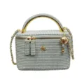Woven vanity box bag, light blue chain shoulder handbag with metal top handle and floral charm. - Green