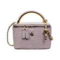Light purple woven vanity shoulder bag with gold handle, chain strap and cute floral decor. - Pink