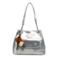 Silver shoulder bag metallic PU leather tote with chain strap and front pocket accessory - Silver