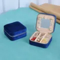 Blue velvet travel jewelry box with mirror, portable storage case for rings, earrings and studs. - 10*10*5 / Dark Blue
