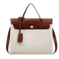 Grand sac à main bandoulière colorblock en toile et cuir style élégant décontracté - Blanc et Marron