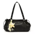 Sac à épaule en cuir froissé noir femme cabas vintage grande capacité sac fourre-tout - Avec Pendentif / Noir