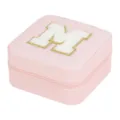 Pink travel jewelry box with gold letter M patch, portable small PU leather case for rings - Letter M / 10x10x5cm / Pink