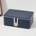 Double-layer PU leather jewelry box in dark blue with lock and rhinestones for rings and earrings. - Double Layer Large 23.5*16*9 / Navy Blue