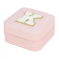 Pink PU leather square jewelry box featuring a white gold-trim letter K initial patch design. - Letter K / 10x10x5cm / Pink