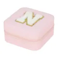Pink travel jewelry box with white chenille letter N patch, mini portable PU leather case - Letter N / 10x10x5cm / Pink