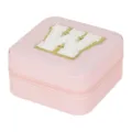 Pink travel jewelry box with white letter W patch, compact leather ring and earring organizer. - Letter W / 10x10x5cm / Pink