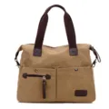Borsa a Tracolla in Tela, Tote Vintage Kaki con Manici Marroni per Viaggio e Uso Quotidiano - Kaki