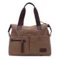 Vintage brown canvas shoulder bag for men and women, large capacity casual travel tote bag. - Brown