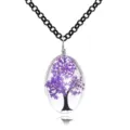 Handgefertigte ovale Trockenblumen Harz Lebensbaum Anhänger Halskette mit schwarzer Kette. - Violetter Stil (A2558-3)